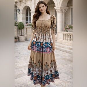 Bohemian Maxi Dress in Brown and Blue